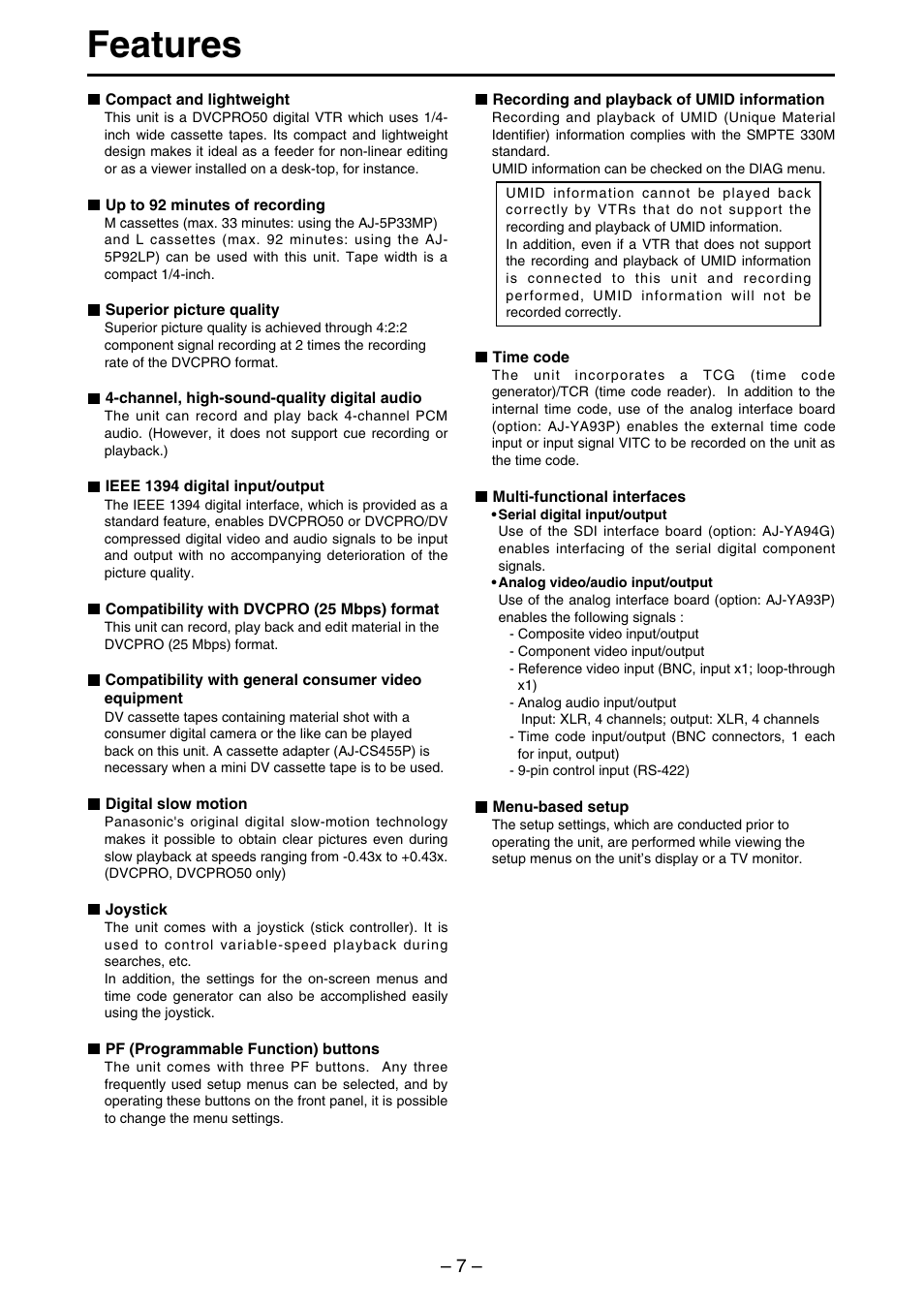 Features | Panasonic AJ-SDd93 User Manual | Page 7 / 46