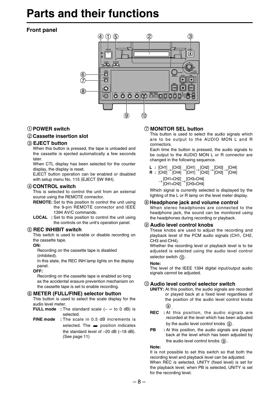 Parts and their functions, Front panel, Power switch cassette insertion slot eject button | Control switch, Rec inhibit switch, Meter (full/fine) selector button, Monitor sel button, Headphone jack and volume control, Audio level control knobs, Audio level control selector switch | Panasonic AJ-SDd93 User Manual | Page 8 / 46