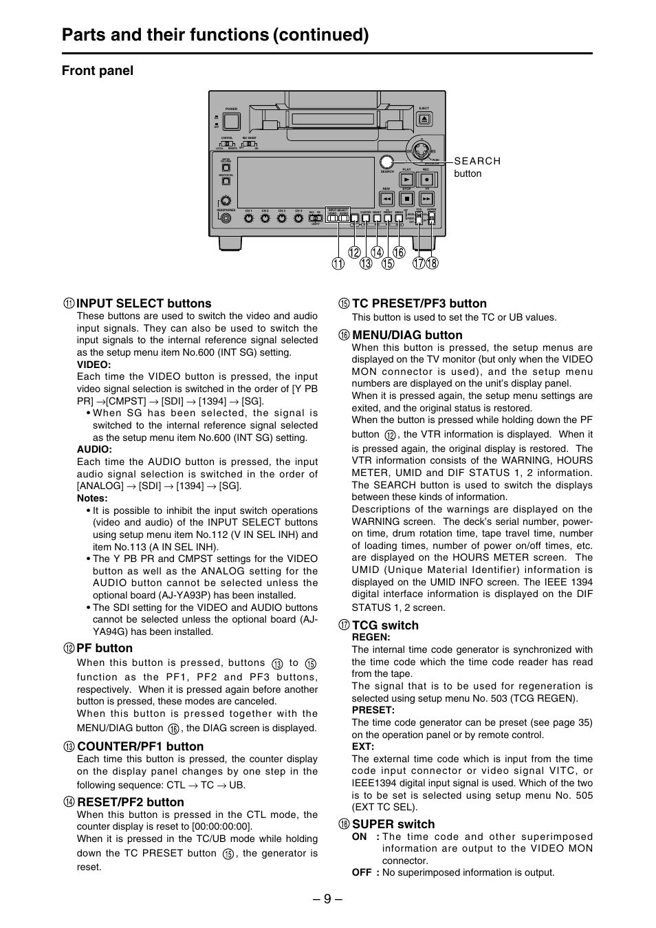 Parts and their functions (continued), Front panel, Input select buttons | Pf button, Counter/pf1 button, Reset/pf2 button, Tc preset/pf3 button, Menu/diag button, Tcg switch, Super switch | Panasonic AJ-SDd93 User Manual | Page 9 / 46