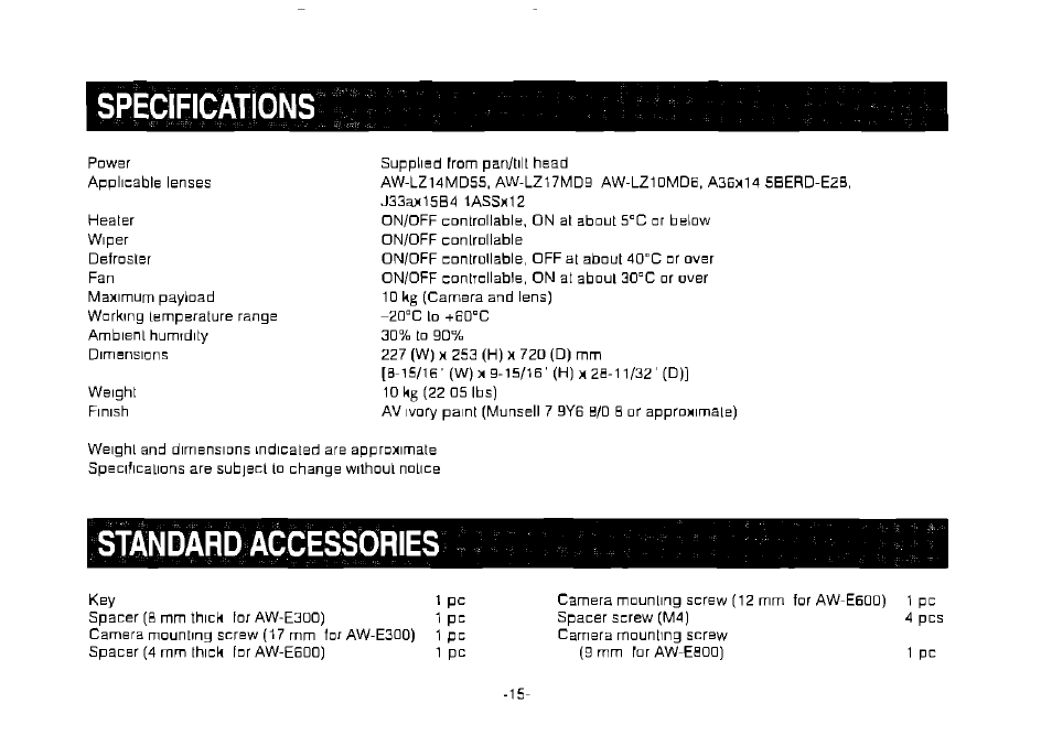 Specifications, Sìlpàrd àecèssiories i t | Panasonic AW-CH600 User Manual | Page 15 / 16