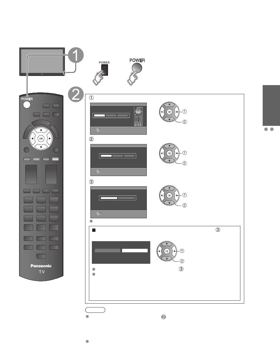 First time setup, Turn the tv on with the power button, Configure your viewing mode | First t ime setup identifying controls, Getting started, Be sure to select “home use”), Select your language, Select your country, Select your viewing mode | Panasonic TC-60PS34 User Manual | Page 13 / 64