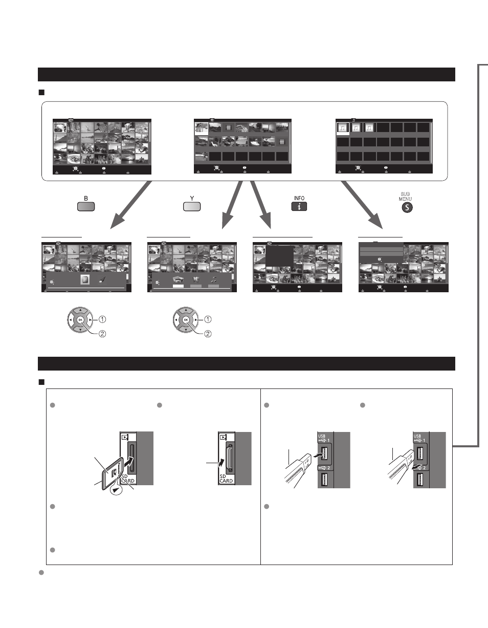 Using media player, Basic features for media player, Media information | Available contents and features, Photos, Videos, Music, Drive select, Media select, Information panel | Panasonic TC-60PS34 User Manual | Page 22 / 64
