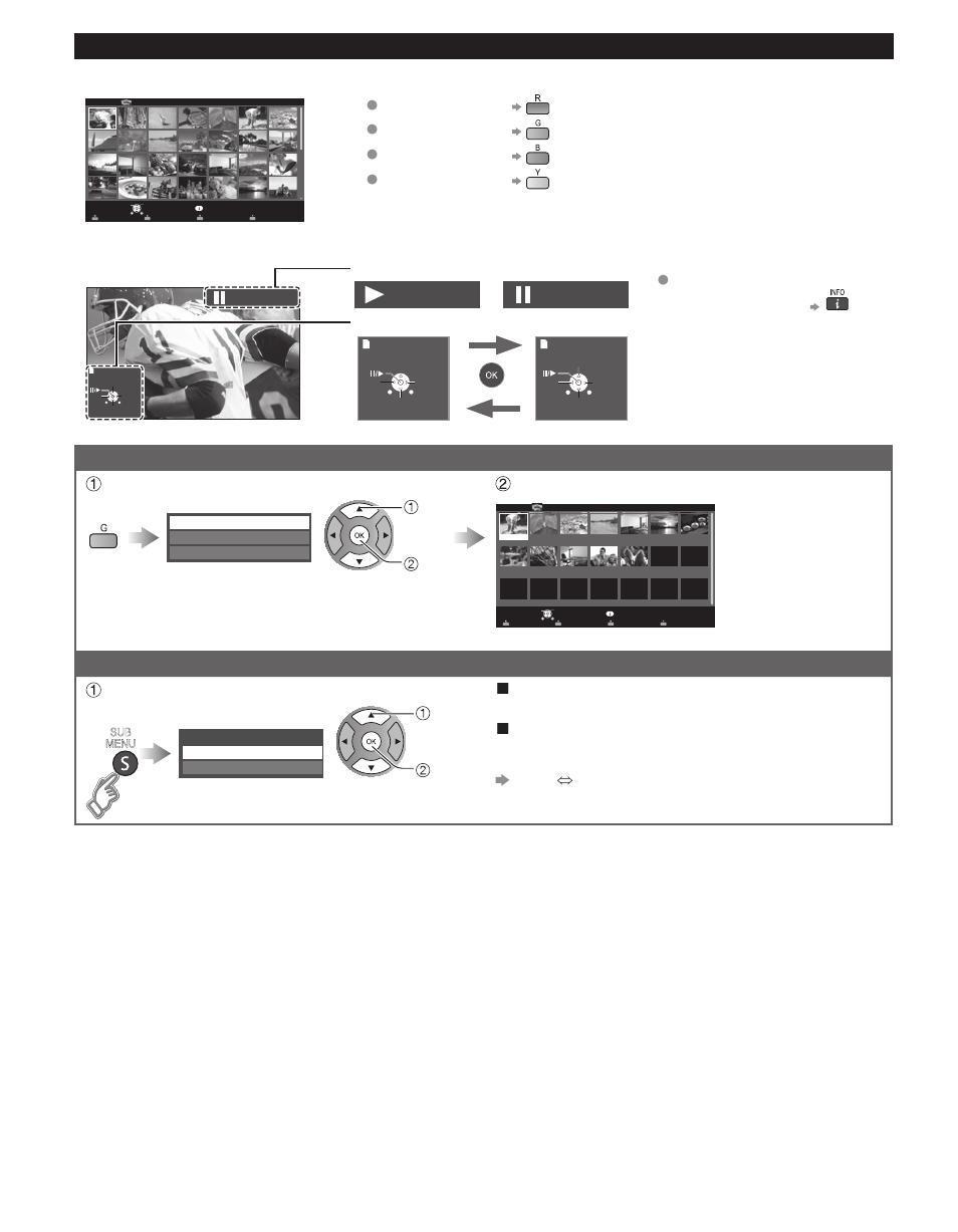 Photo options, Photos view, Display “sort select” menu and select item | Displayed each view, Display “setup sub menu” and select item, Slideshow settings (p. 25), Thumbnails size, Photos thumbnail, Features, Slideshow setting | Panasonic TC-60PS34 User Manual | Page 24 / 64