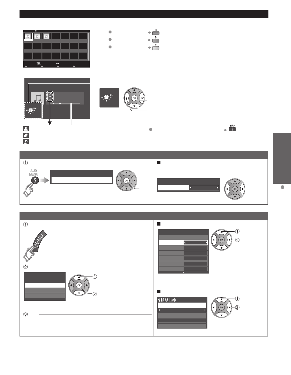 Using media player, Music options, Other settings in media player | Basic, Music view, Select “music options” in “setup sub menu, Repeat playback, Display “menu, Select the item, Adjust the picture and audio | Panasonic TC-60PS34 User Manual | Page 27 / 64