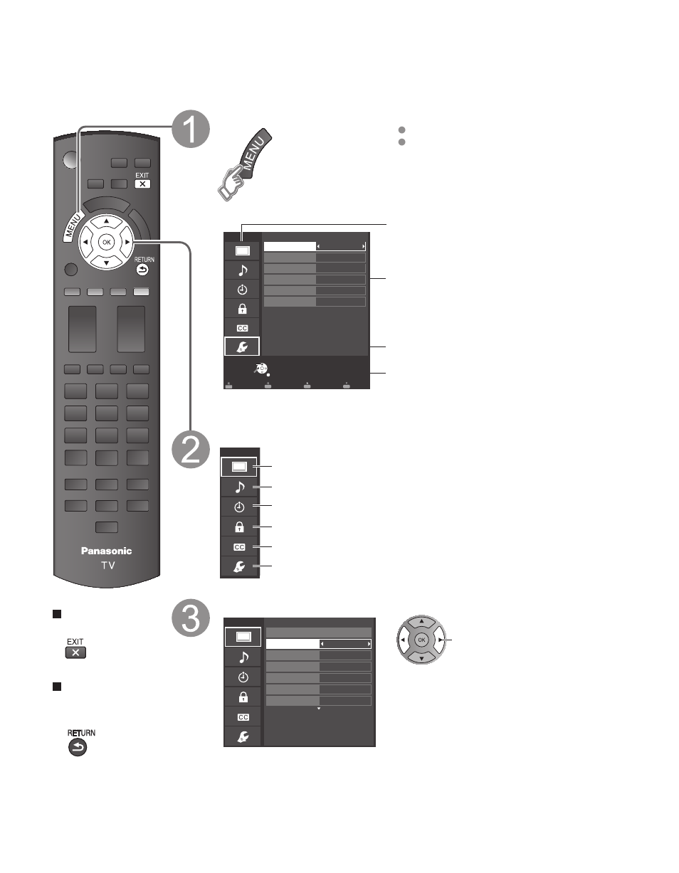 How to use menu functions, Display the menu, Select the menu | Select the item and adjust | Panasonic TC-60PS34 User Manual | Page 42 / 64