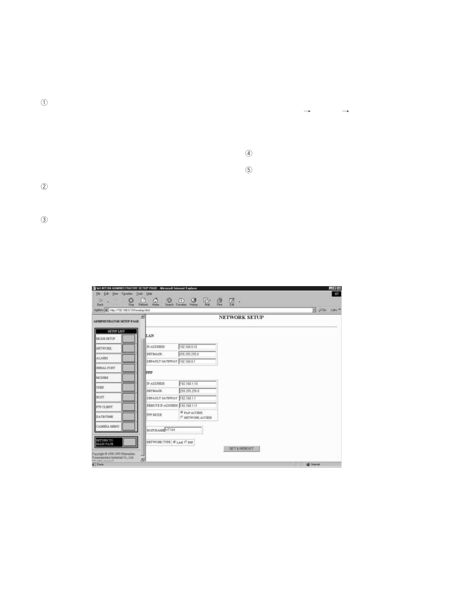 Wj-nt104 setup, Ip address setting via lan connection, Ip address setting via rs-232c connection | Panasonic WJ-NT104 User Manual | Page 15 / 84