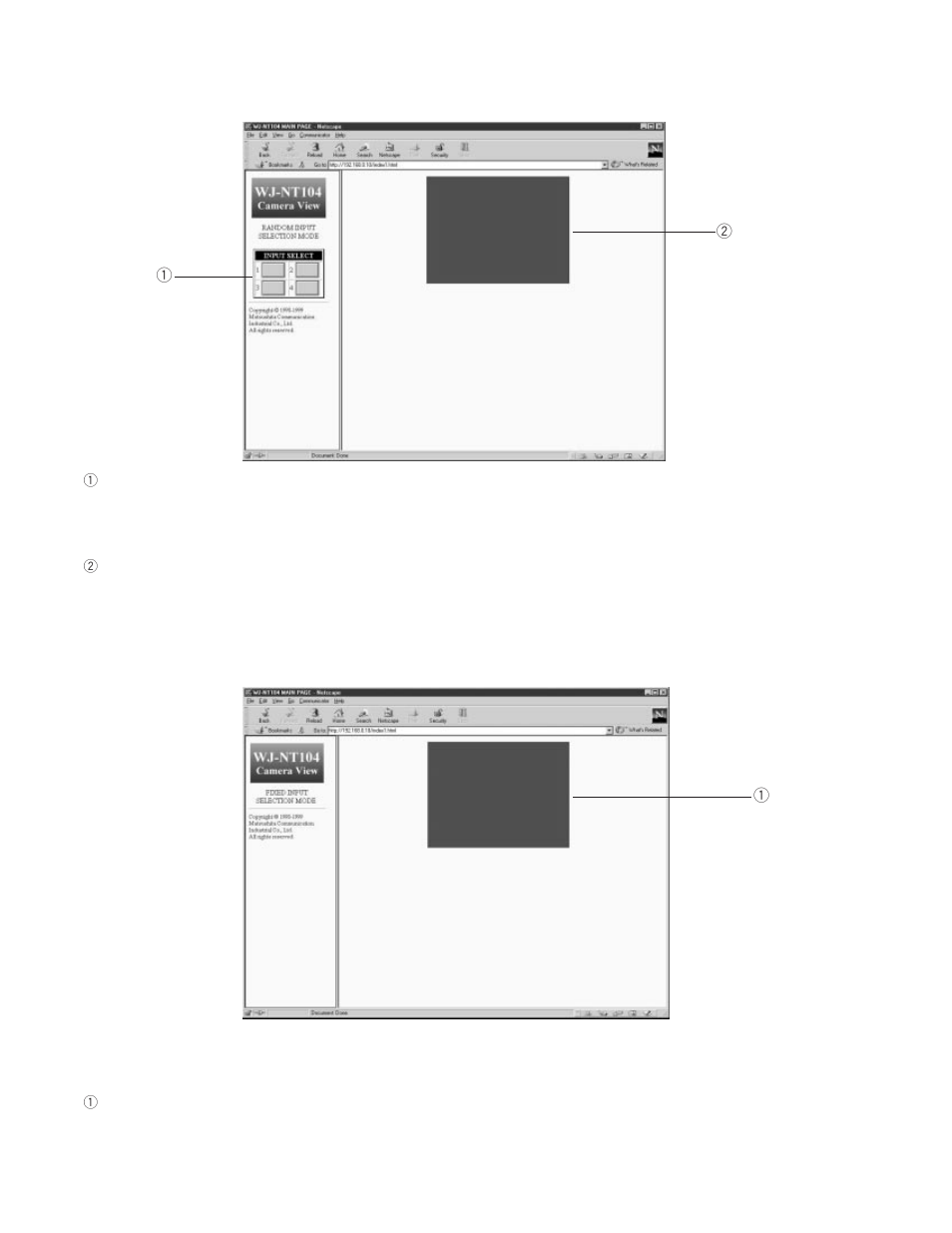 Random input selection mode, Fixed input selection mode, Main page (without camera control) | Panasonic WJ-NT104 User Manual | Page 30 / 84