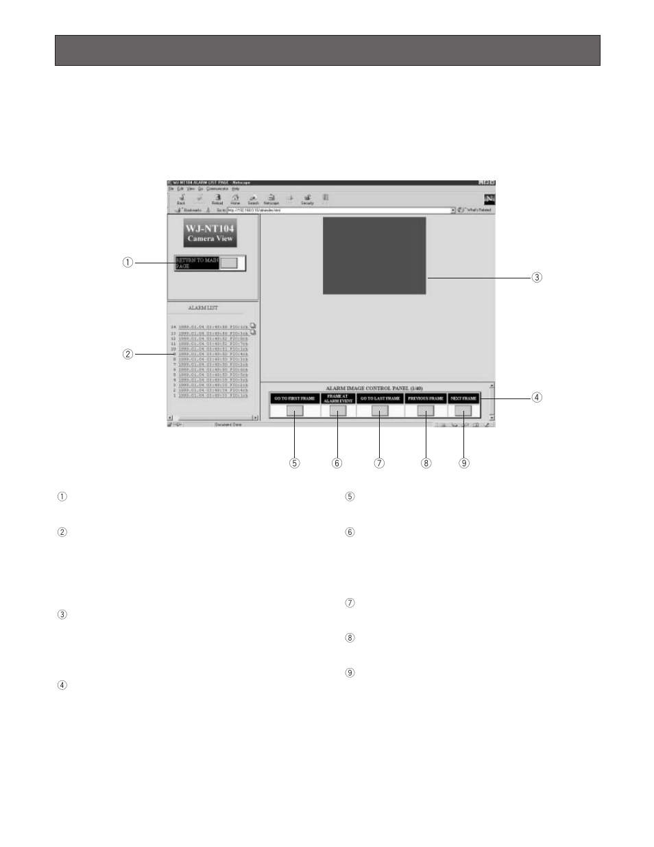 Alarm function, Alarm list window | Panasonic WJ-NT104 User Manual | Page 37 / 84