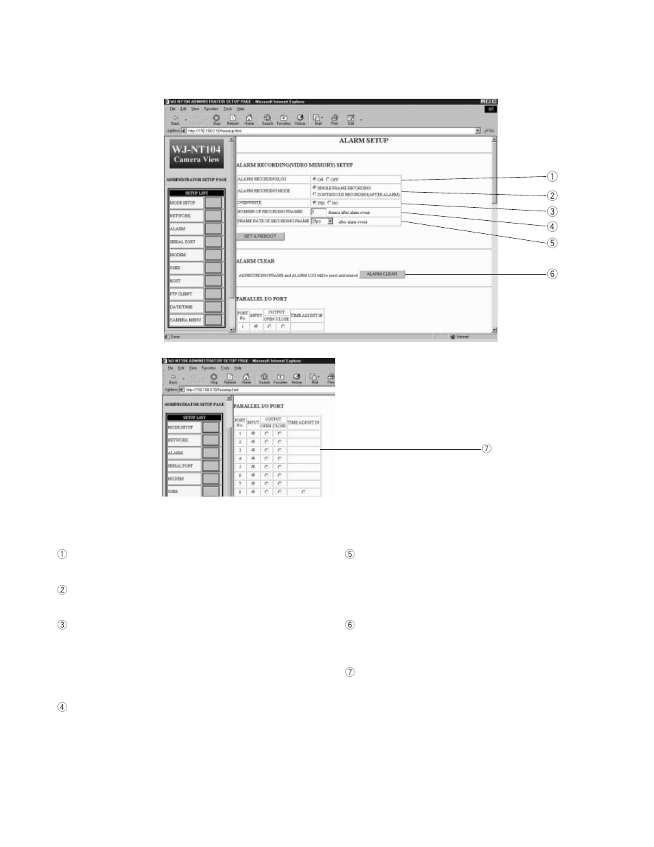Alarm setup | Panasonic WJ-NT104 User Manual | Page 44 / 84
