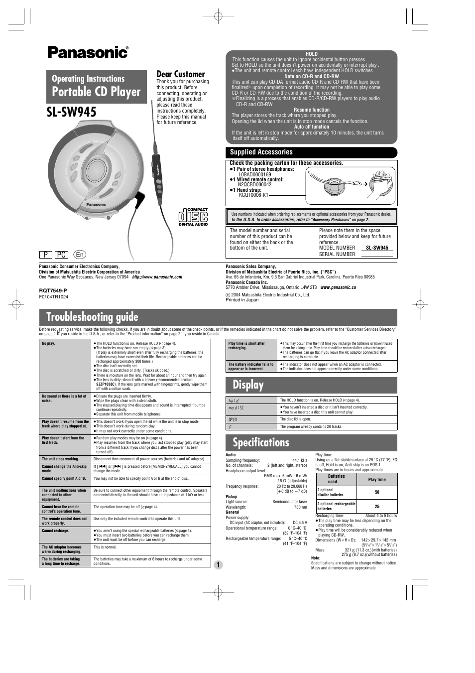 Panasonic SL-SW945 User Manual | 4 pages