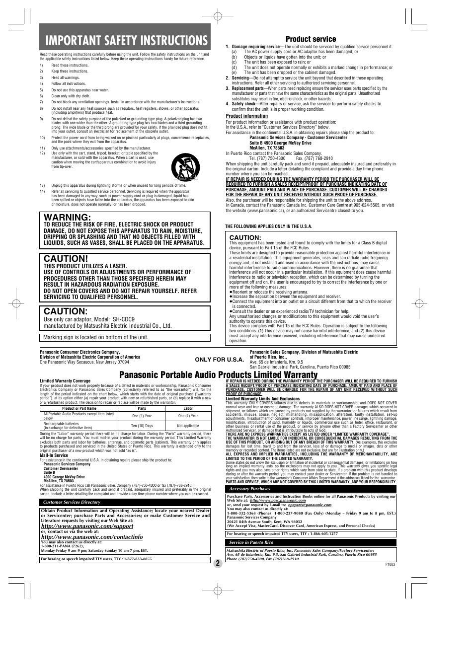 Important safety instructions, Panasonic portable audio products limited warranty, Warning | Product service, Caution | Panasonic SL-SW945 User Manual | Page 2 / 4
