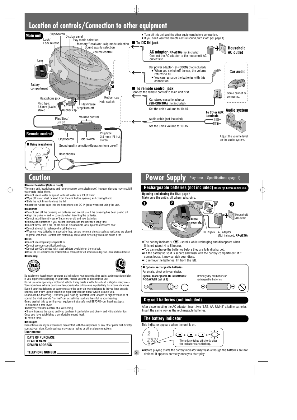 Location of controls/connection to other equipment, Power supply, Caution | Rechargeable batteries (not included), Dry cell batteries (not included), The battery indicator | Panasonic SL-SW945 User Manual | Page 3 / 4