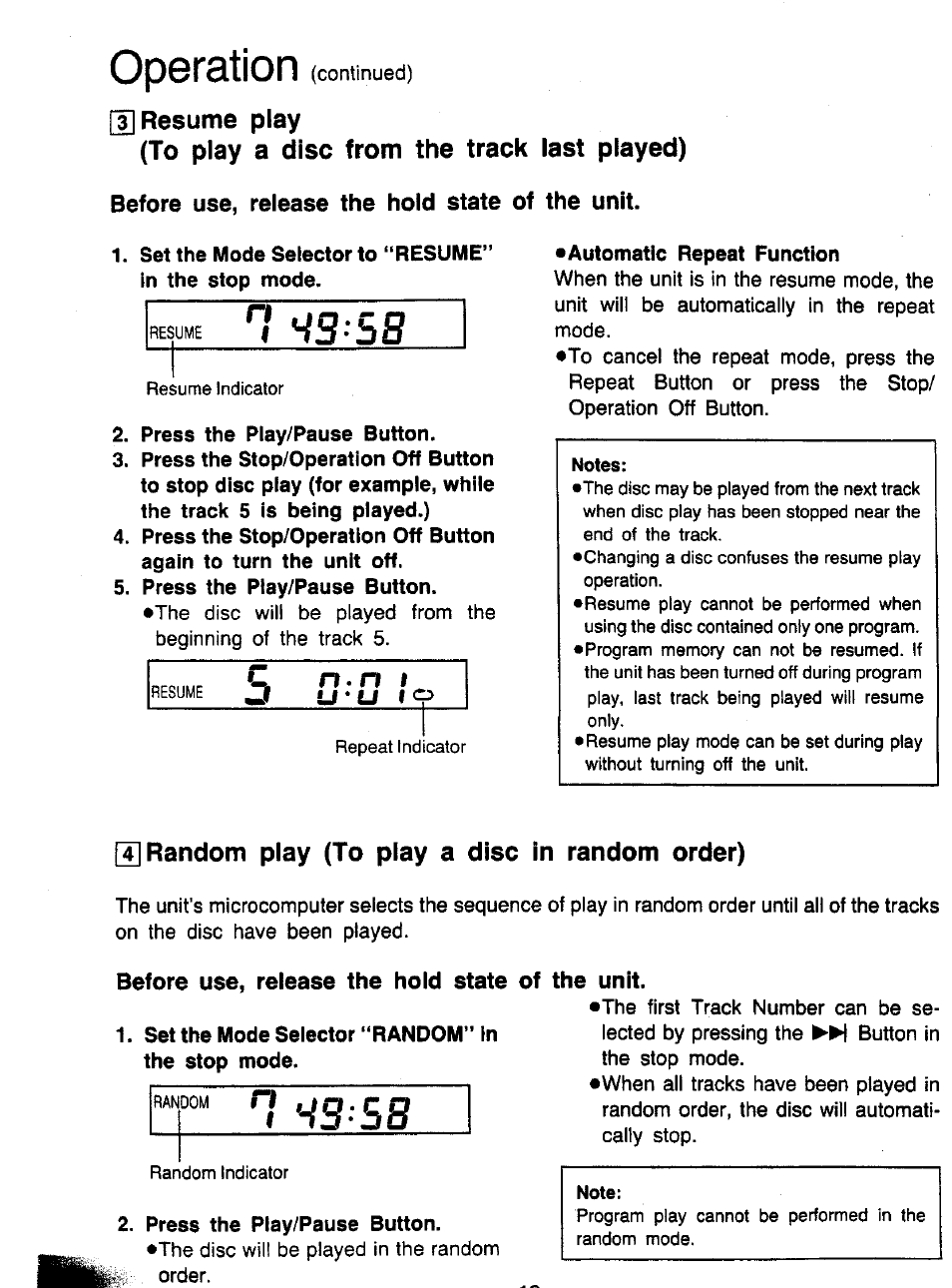 Before use, release the hold state of, The unit, Operation | N 1 ^ 0 ; c q, Resume, Random, 3 s 8, Random play (to play a disc in random order) | Panasonic SL-XP700 User Manual | Page 12 / 20