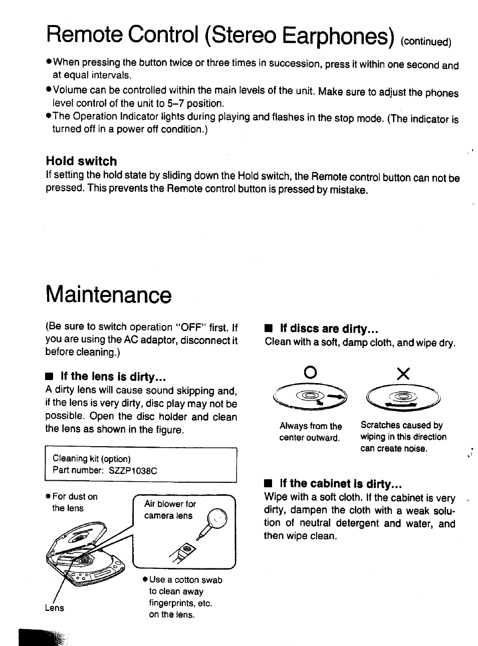 Hold switch, If the lens is dirty, If discs are dirty | If the cabinet is dirty, Remote control (stereo earphones), Maintenance | Panasonic SL-XP700 User Manual | Page 16 / 20