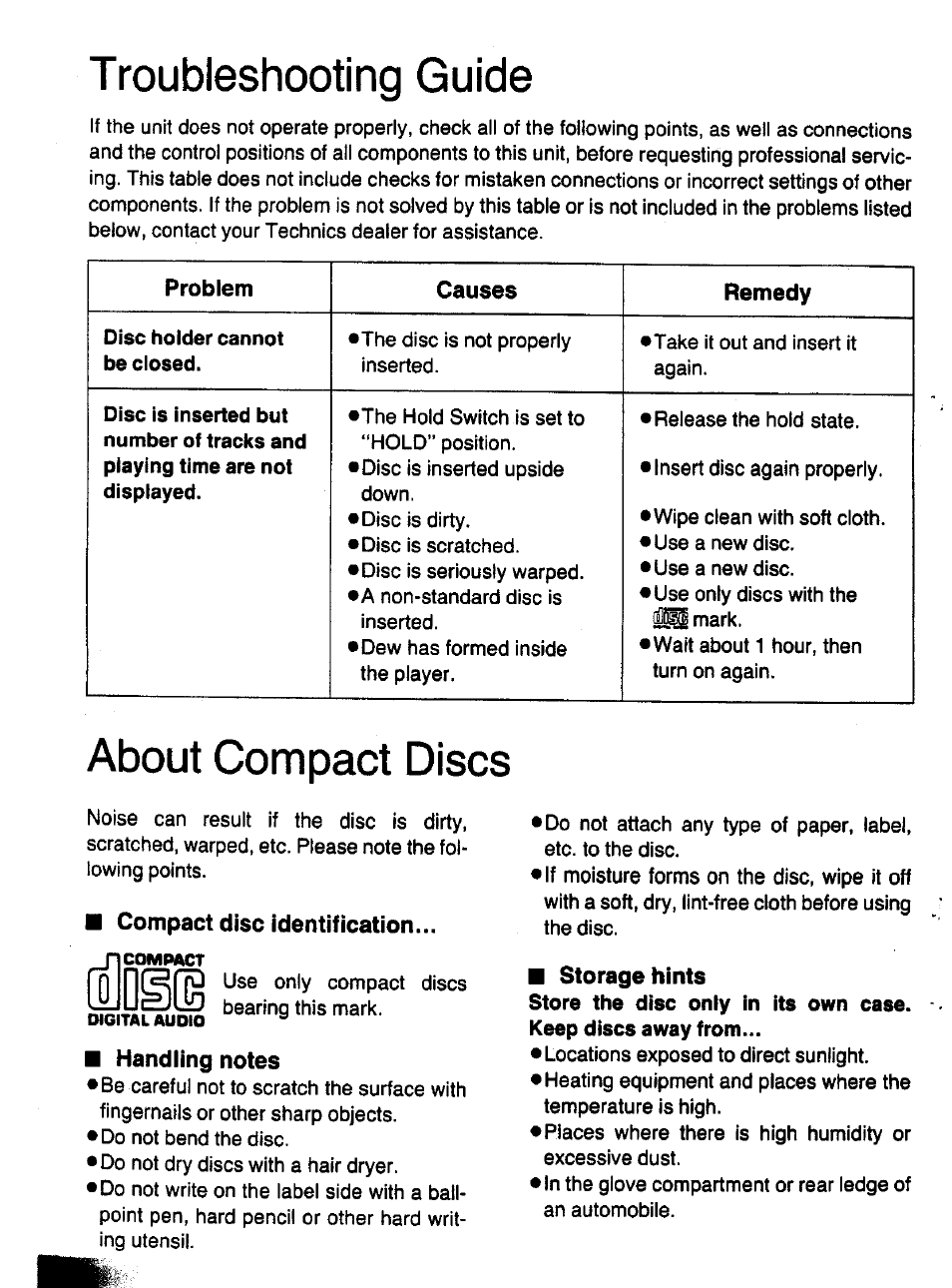 Handling notes, Storage hints, T roubleshooting guide | About compact discs | Panasonic SL-XP700 User Manual | Page 18 / 20