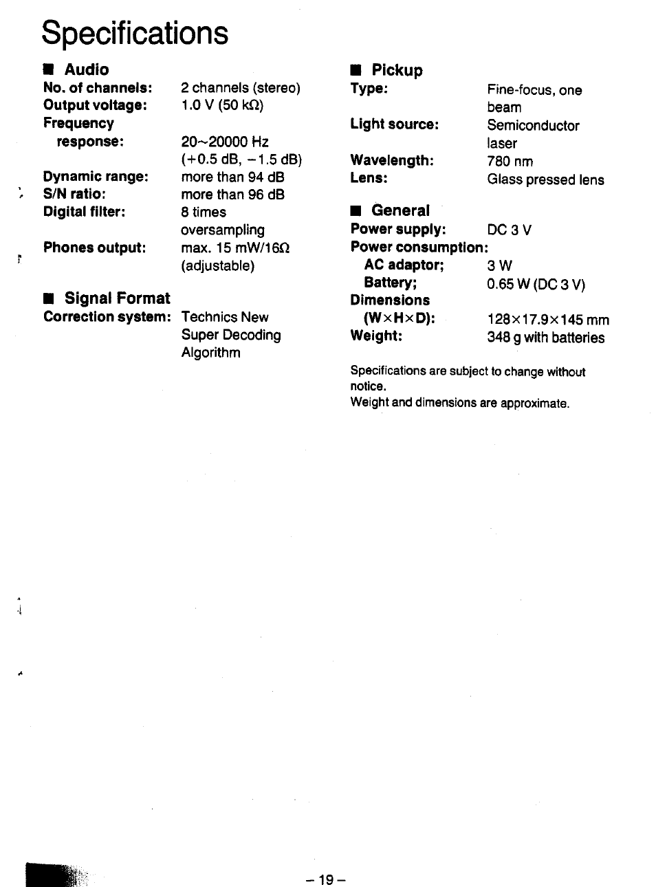 Specifications | Panasonic SL-XP700 User Manual | Page 19 / 20
