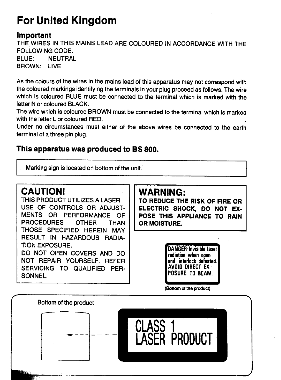 Classi laser product, For united kingdom, Caution | Warning, Important, This apparatus was produced to bs 800 | Panasonic SL-XP700 User Manual | Page 3 / 20