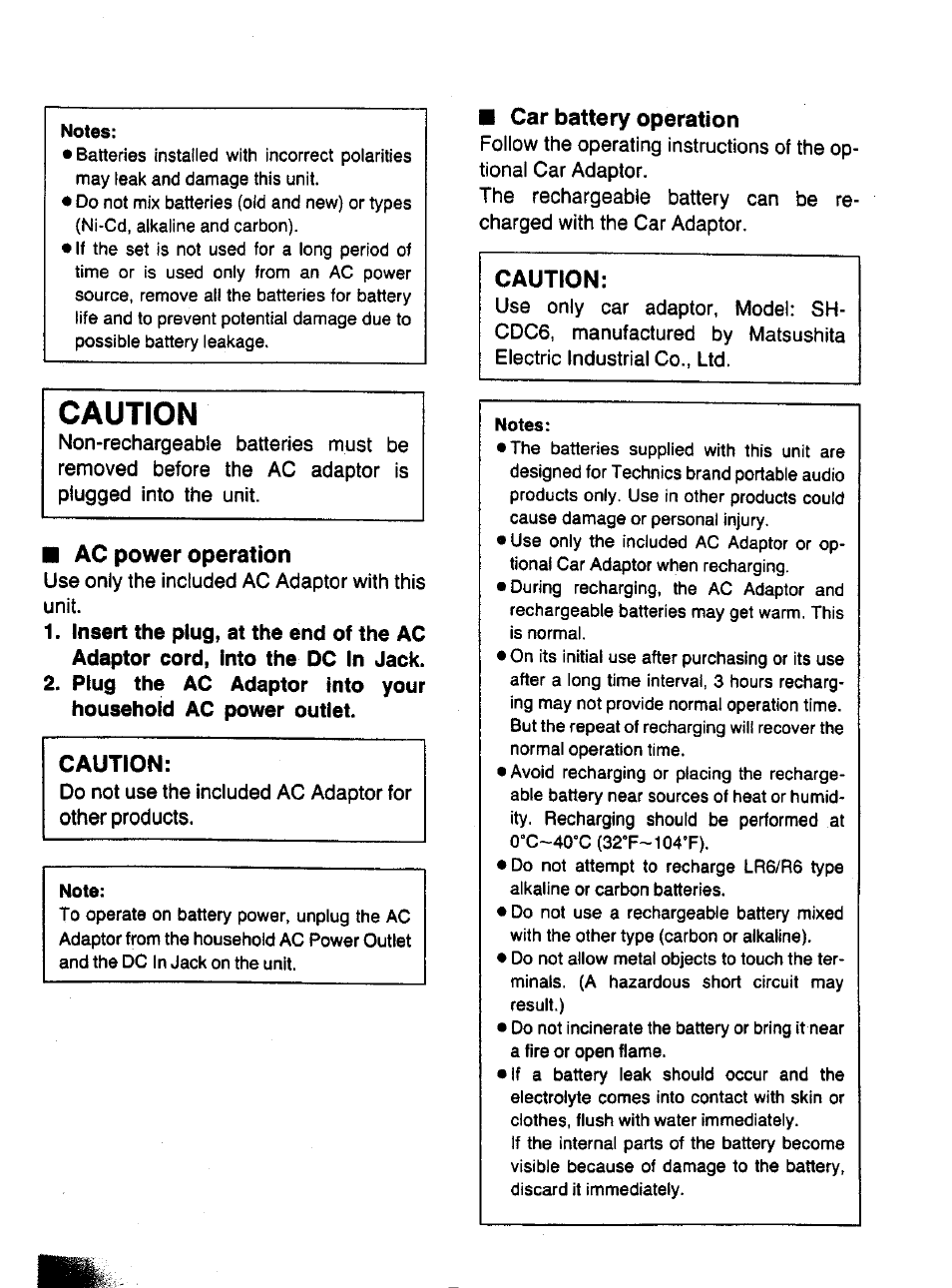 M ac power operation, Caution, Car battery operation | Ac power operation | Panasonic SL-XP700 User Manual | Page 7 / 20