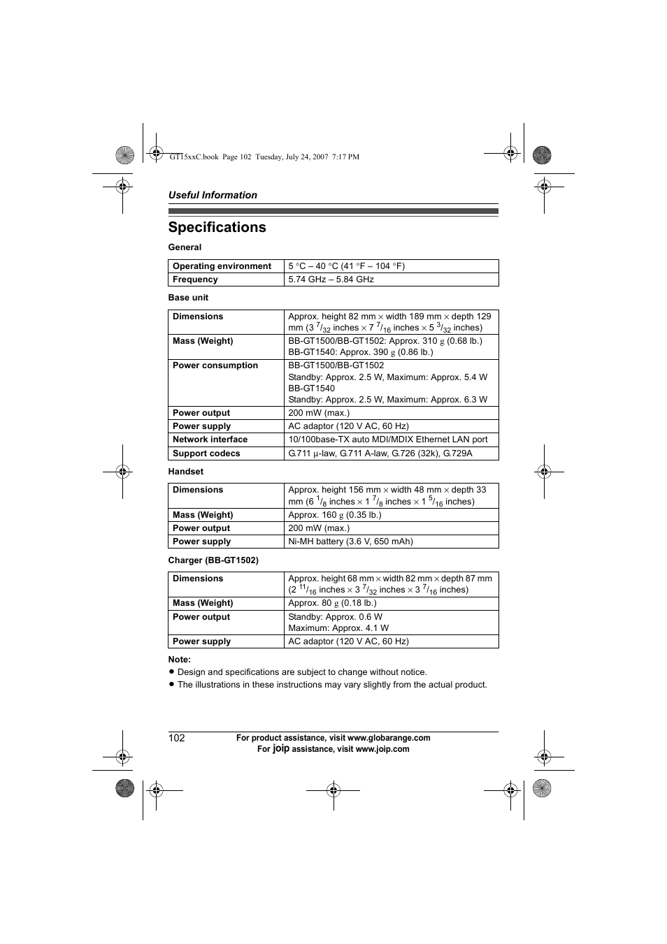 Specifications | Panasonic BB-GT1500C User Manual | Page 102 / 108