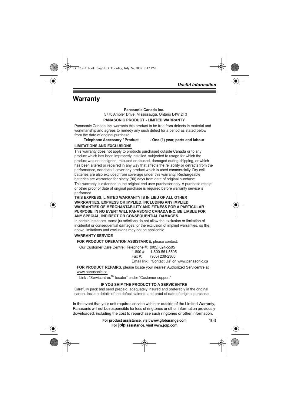 Warranty | Panasonic BB-GT1500C User Manual | Page 103 / 108