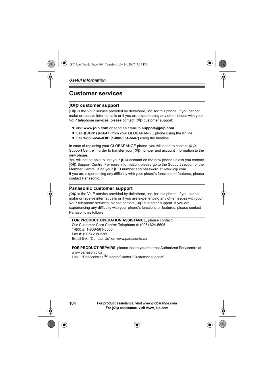 Customer services | Panasonic BB-GT1500C User Manual | Page 104 / 108