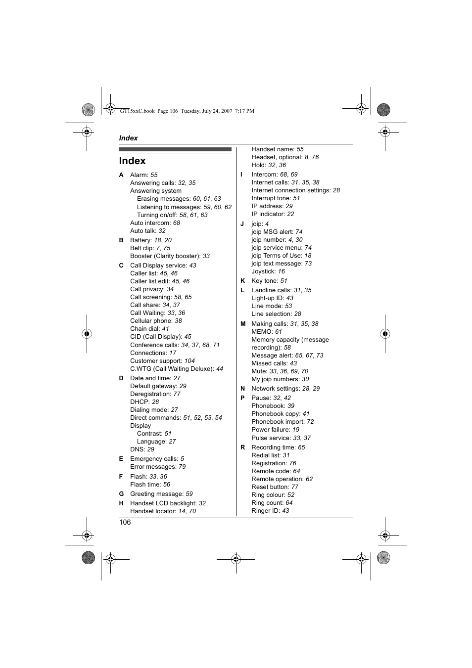 Index | Panasonic BB-GT1500C User Manual | Page 106 / 108