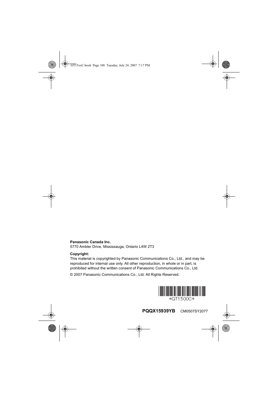 Panasonic BB-GT1500C User Manual | Page 108 / 108