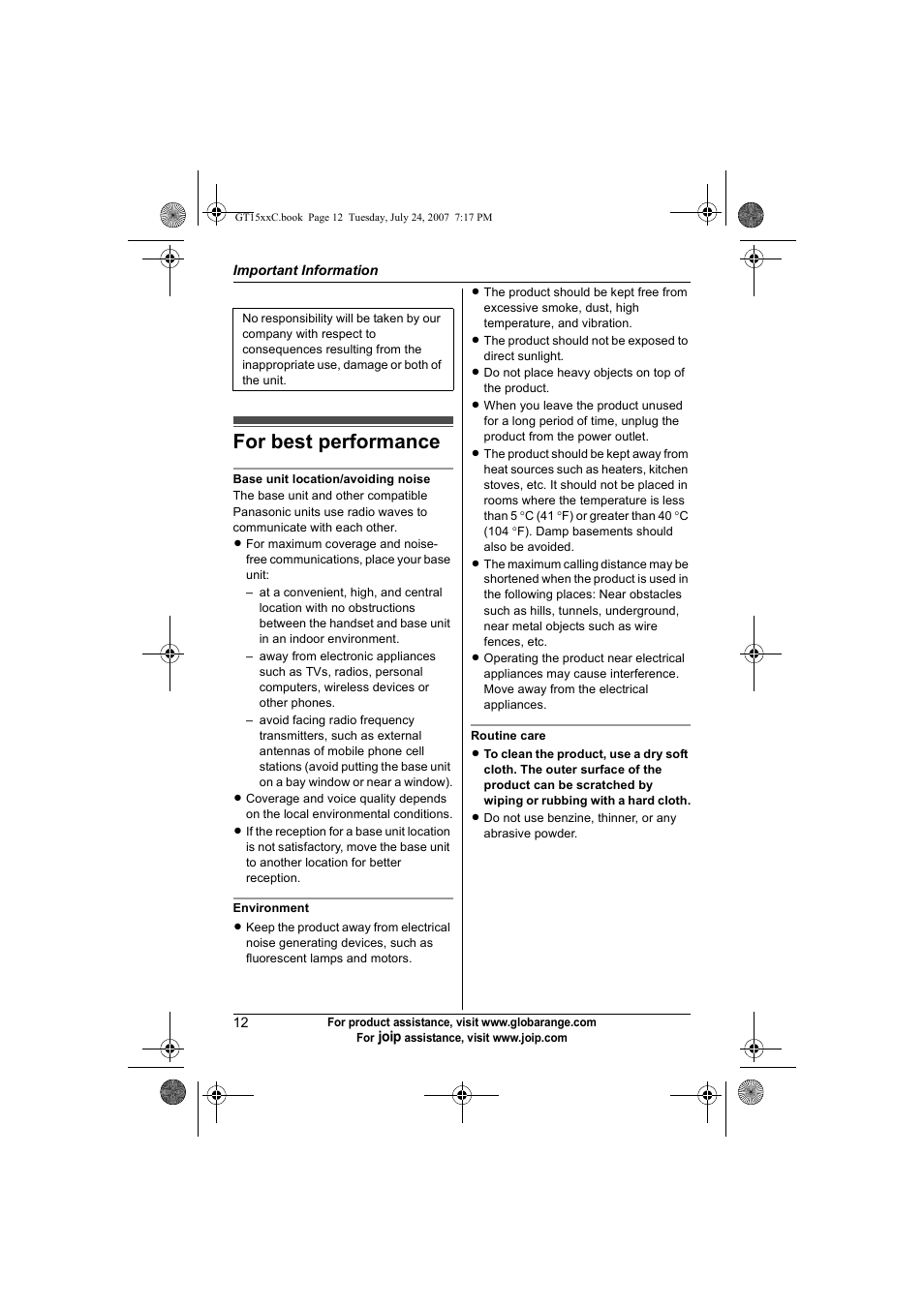 For best performance | Panasonic BB-GT1500C User Manual | Page 12 / 108