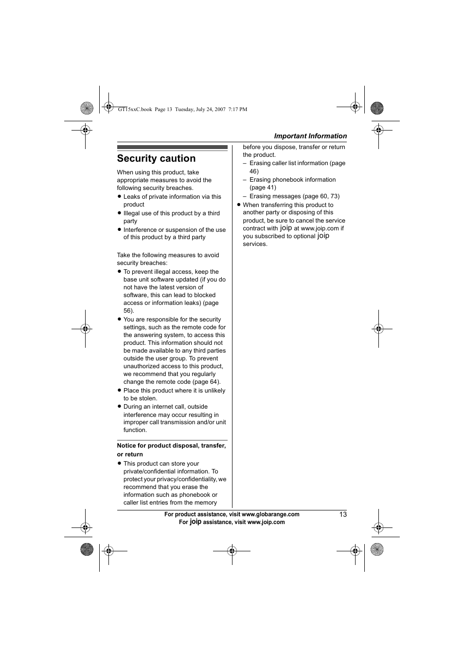 Security caution | Panasonic BB-GT1500C User Manual | Page 13 / 108