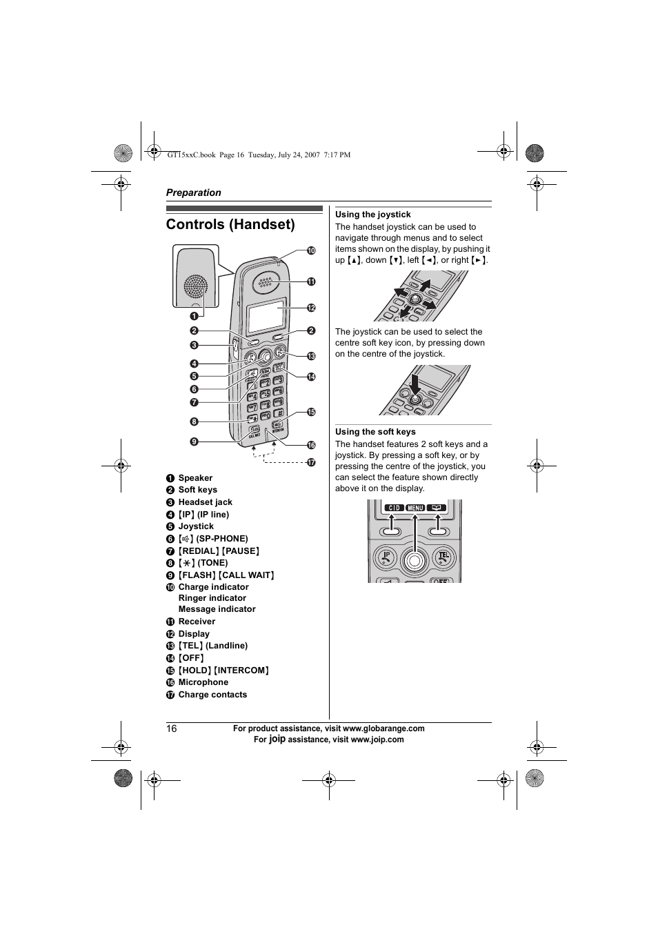 Controls (handset) | Panasonic BB-GT1500C User Manual | Page 16 / 108