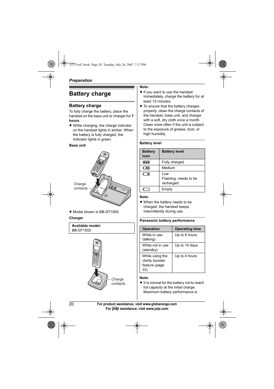 Battery charge | Panasonic BB-GT1500C User Manual | Page 20 / 108