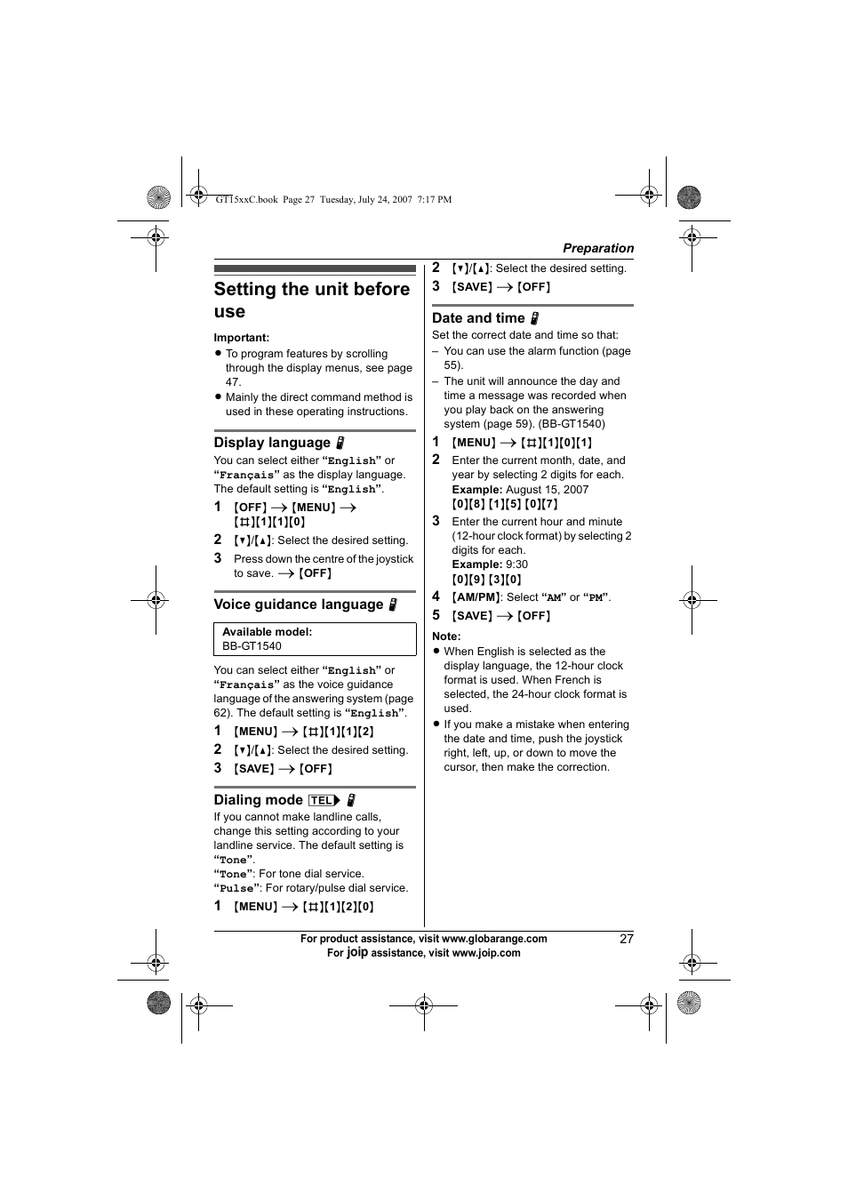 Setting the unit before use | Panasonic BB-GT1500C User Manual | Page 27 / 108