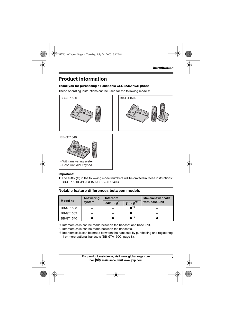Introduction, Product information | Panasonic BB-GT1500C User Manual | Page 3 / 108