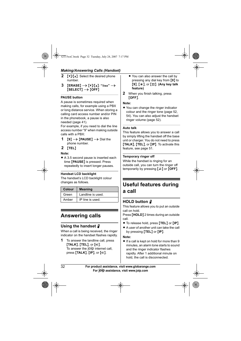 Answering calls, Useful features during a call, Answering calls useful features during a call | Panasonic BB-GT1500C User Manual | Page 32 / 108