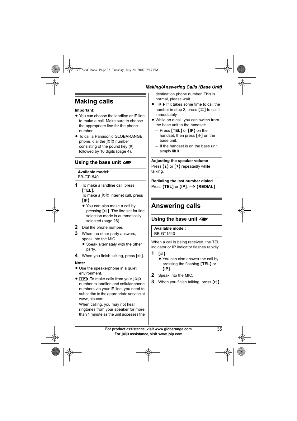 Making/answering calls (base unit), Making calls, Answering calls | Making calls answering calls | Panasonic BB-GT1500C User Manual | Page 35 / 108