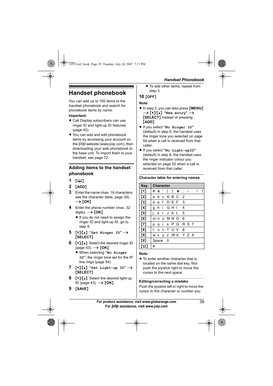 Handset phonebook | Panasonic BB-GT1500C User Manual | Page 39 / 108