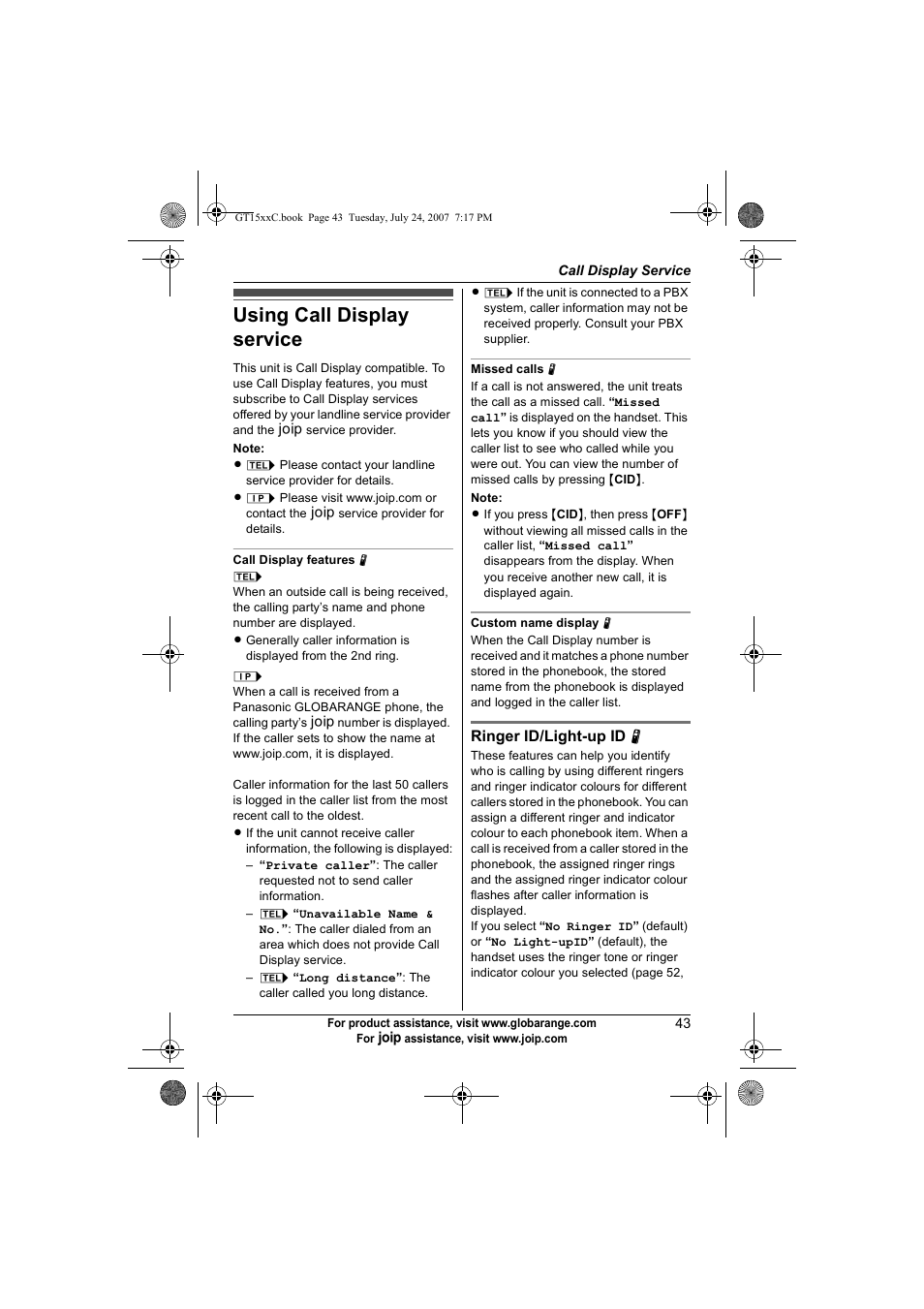 Call display service, Using call display service | Panasonic BB-GT1500C User Manual | Page 43 / 108