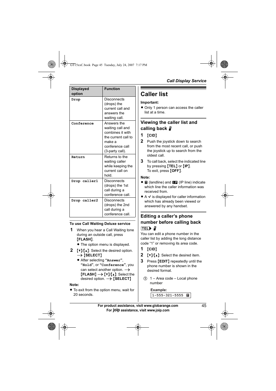 Caller list | Panasonic BB-GT1500C User Manual | Page 45 / 108