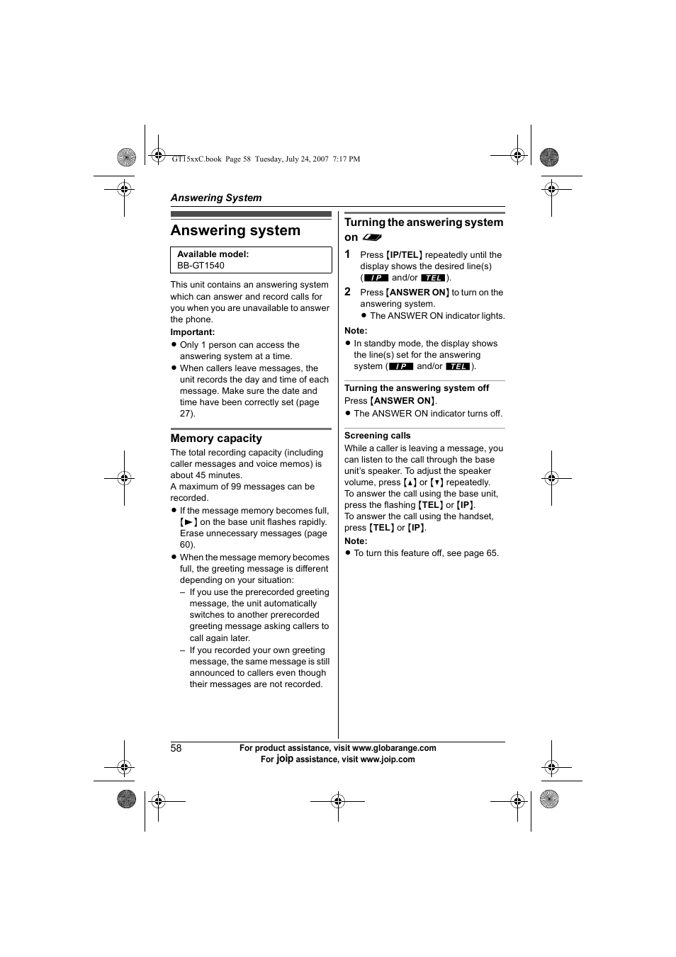 Answering system | Panasonic BB-GT1500C User Manual | Page 58 / 108