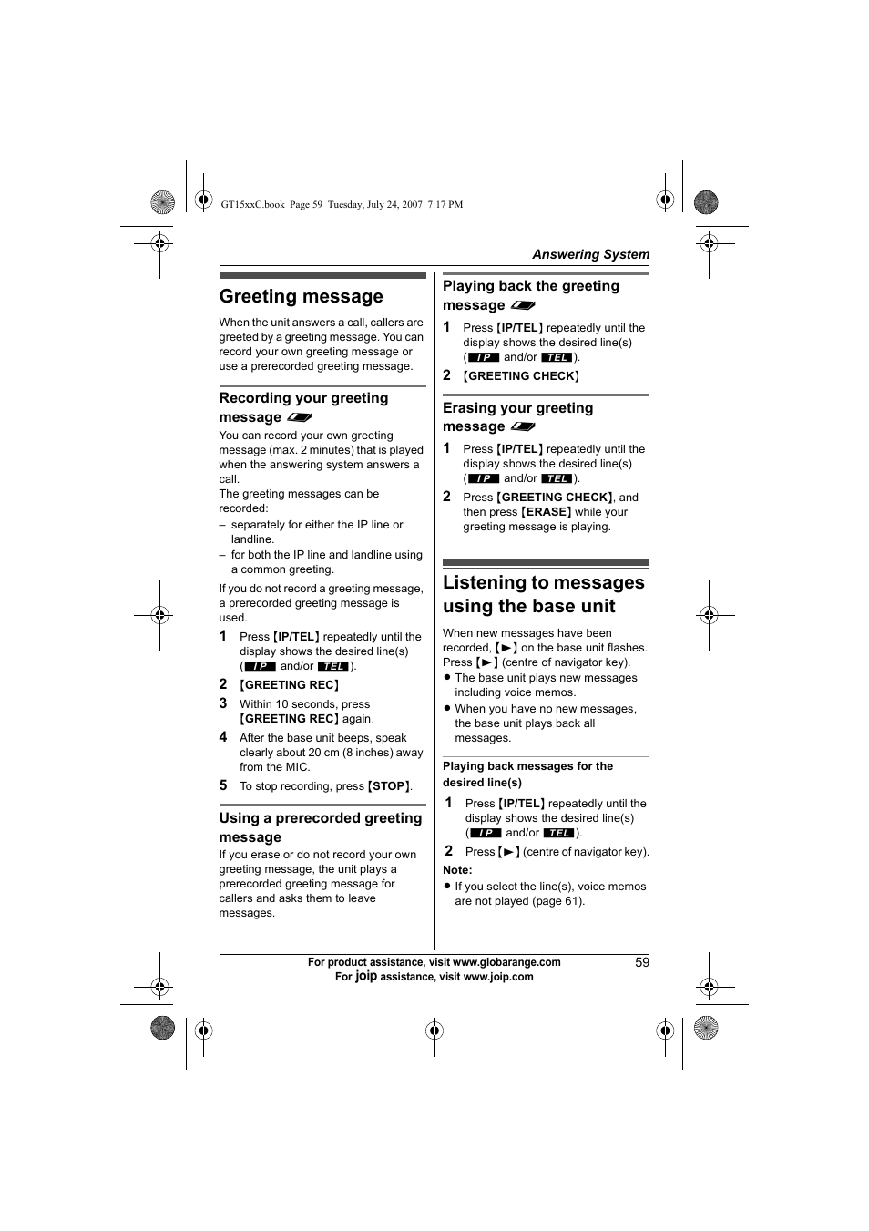 Greeting message, Listening to messages using the base unit | Panasonic BB-GT1500C User Manual | Page 59 / 108