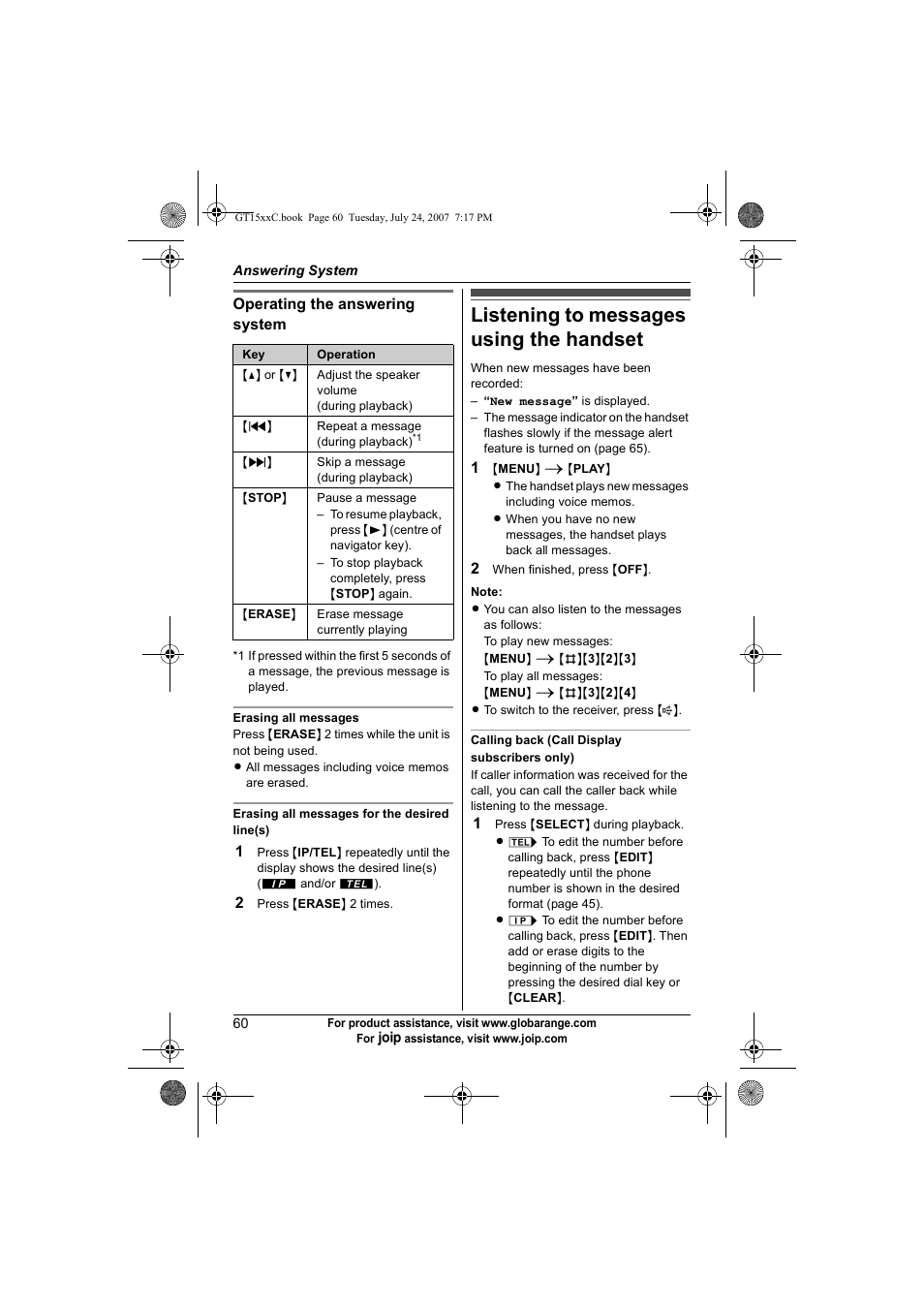 Listening to messages using the handset | Panasonic BB-GT1500C User Manual | Page 60 / 108
