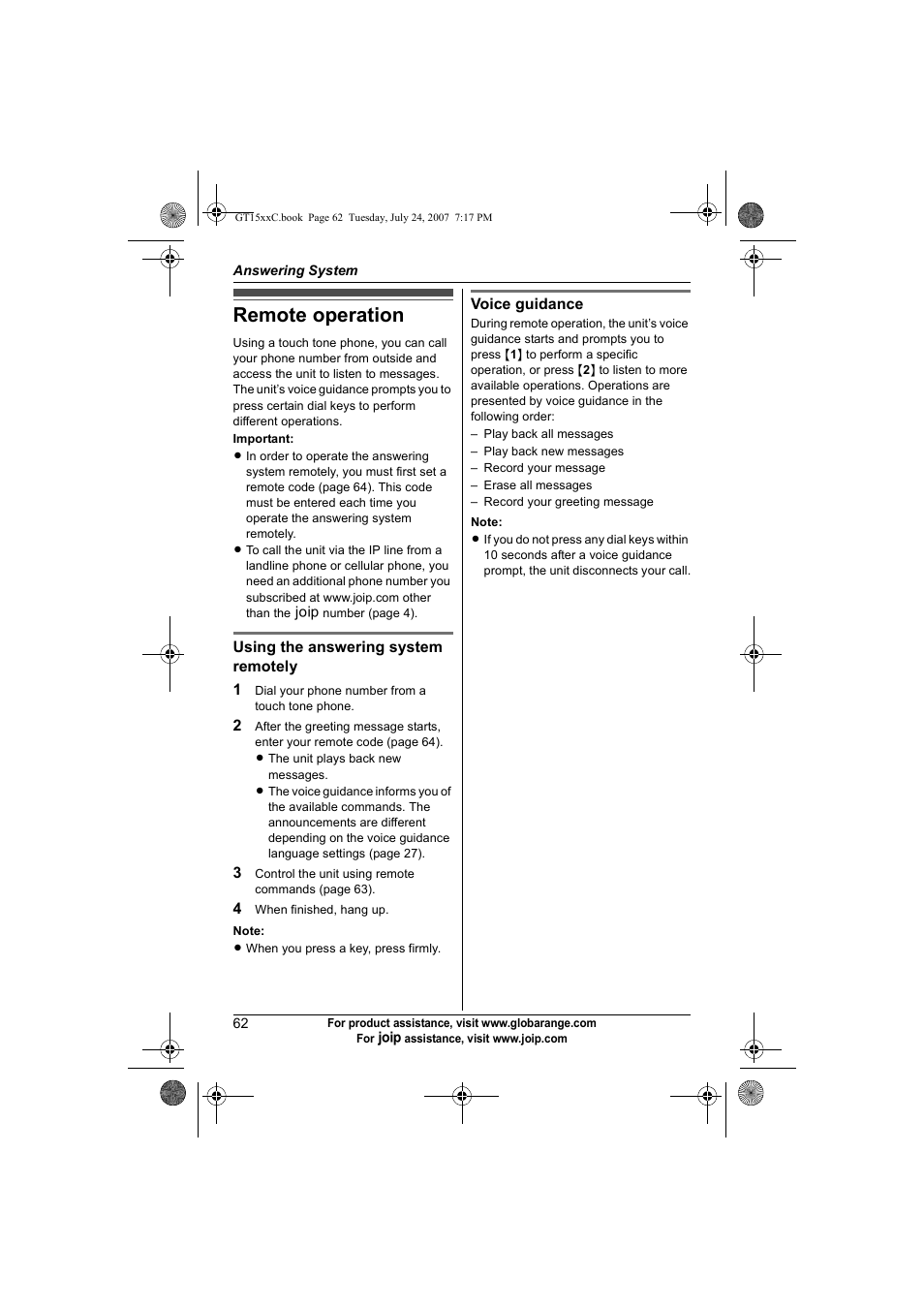 Remote operation | Panasonic BB-GT1500C User Manual | Page 62 / 108