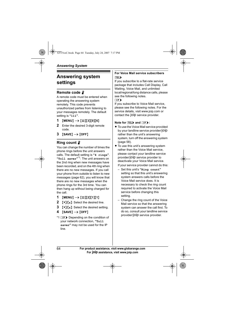Answering system settings | Panasonic BB-GT1500C User Manual | Page 64 / 108