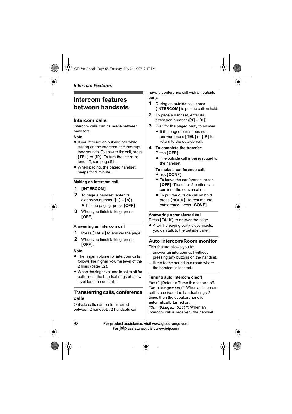 Intercom features, Intercom features between handsets, Intercom features between handsets 68 | Panasonic BB-GT1500C User Manual | Page 68 / 108