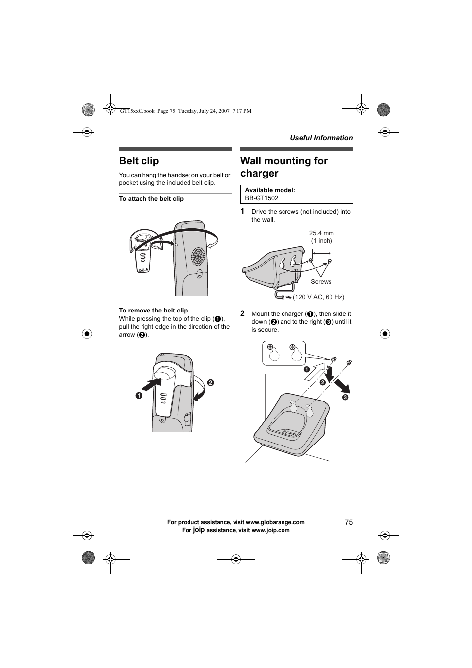 Useful information, Belt clip, Wall mounting for charger | Belt clip wall mounting for charger | Panasonic BB-GT1500C User Manual | Page 75 / 108