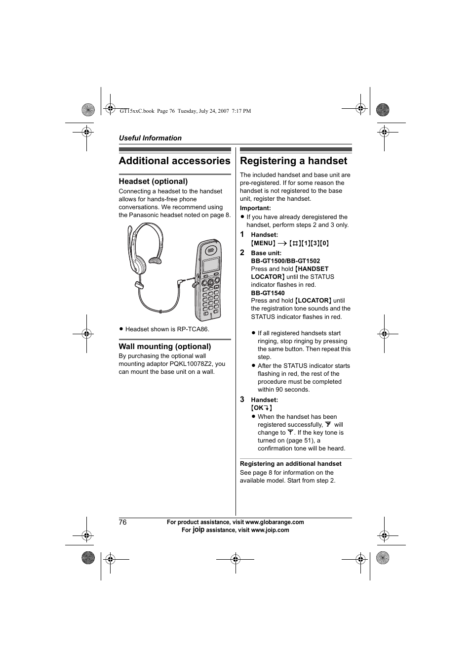 Additional accessories, Registering a handset, Additional accessories registering a handset | Panasonic BB-GT1500C User Manual | Page 76 / 108