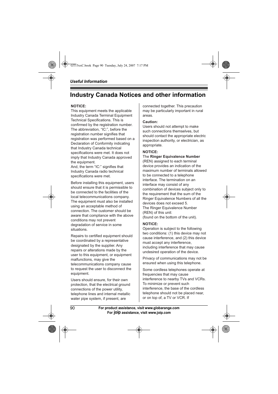 Industry canada notices and other information | Panasonic BB-GT1500C User Manual | Page 90 / 108