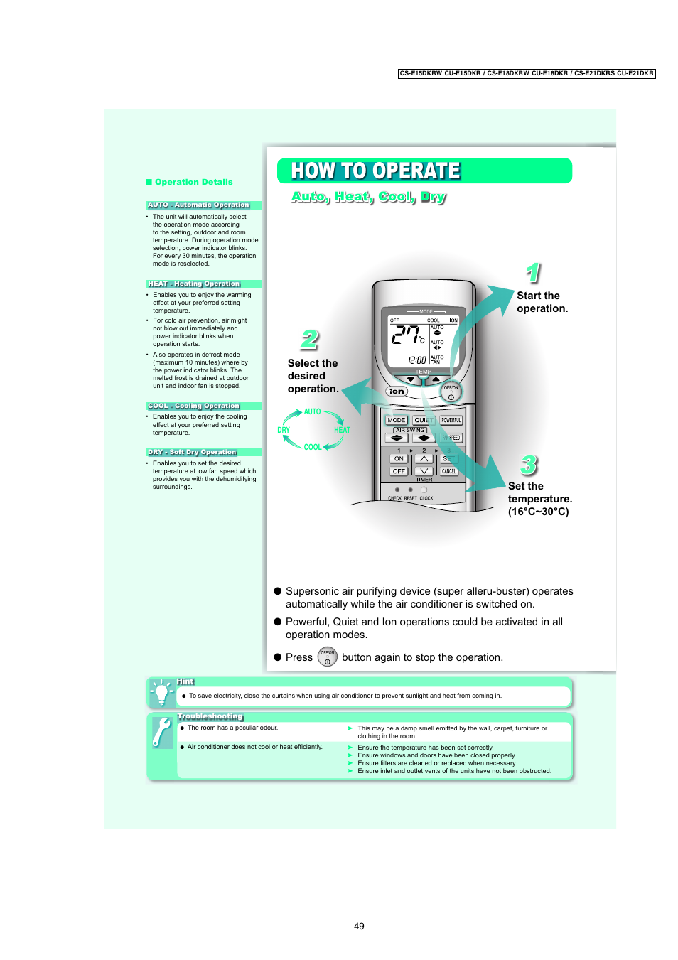 How to operate, Dauto, heat, cool, dr y | Panasonic CU-E15DKR User Manual | Page 3 / 6
