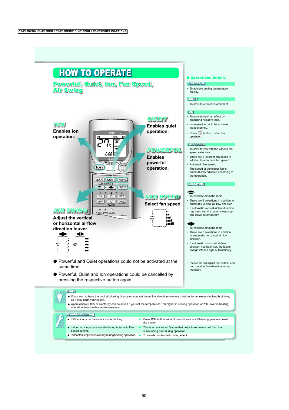 How to operate, Dfan speed air swing, Quiet | Panasonic CU-E15DKR User Manual | Page 4 / 6