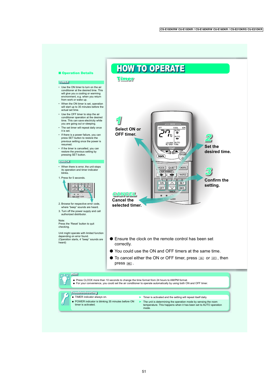 How to operate, Timer cancel | Panasonic CU-E15DKR User Manual | Page 5 / 6